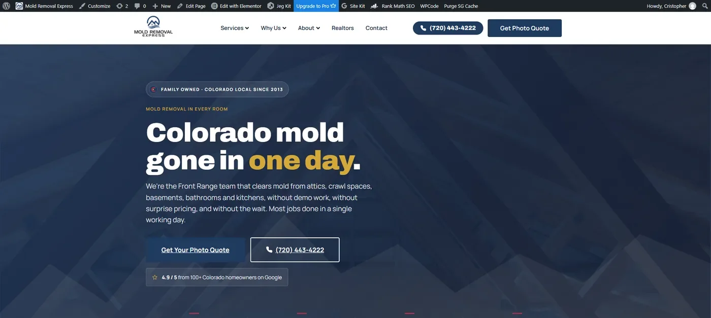 The new Mold Removal Express home page on a laptop, built May 2026