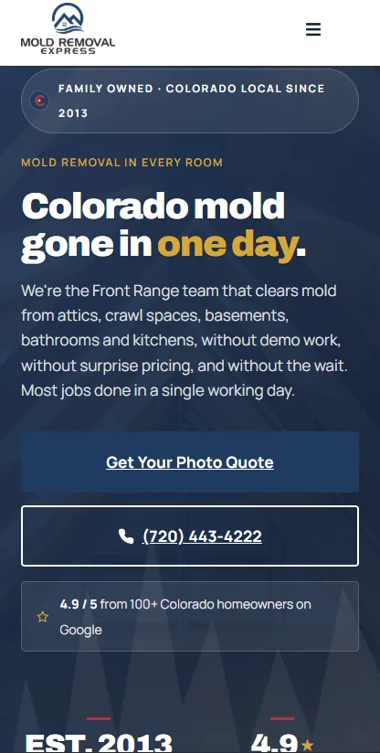 The new Mold Removal Express home page on a phone, built May 2026
