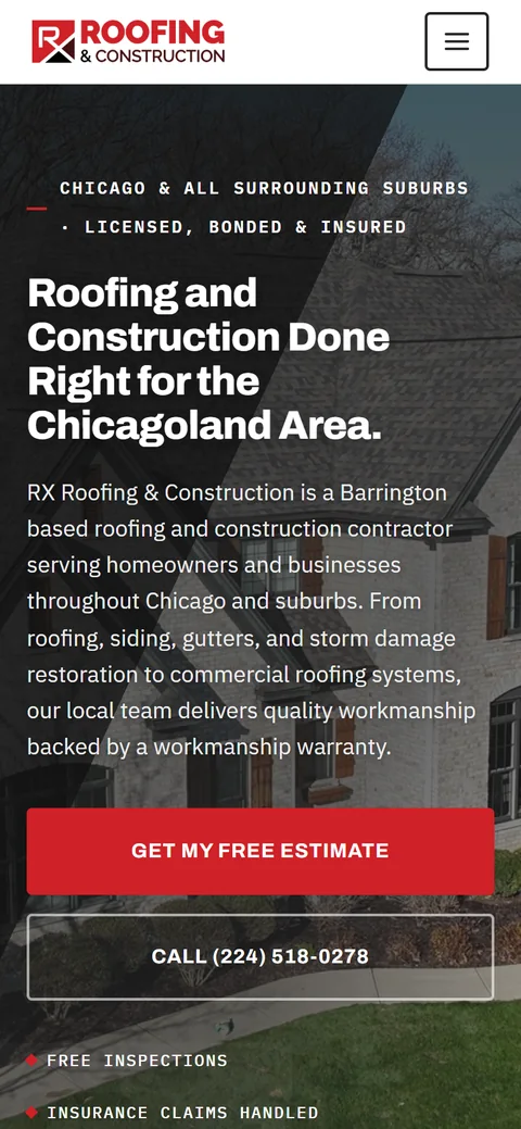 RX Roofing | Case Study 2 The new RX Roofing home page on a phone, built August 2026