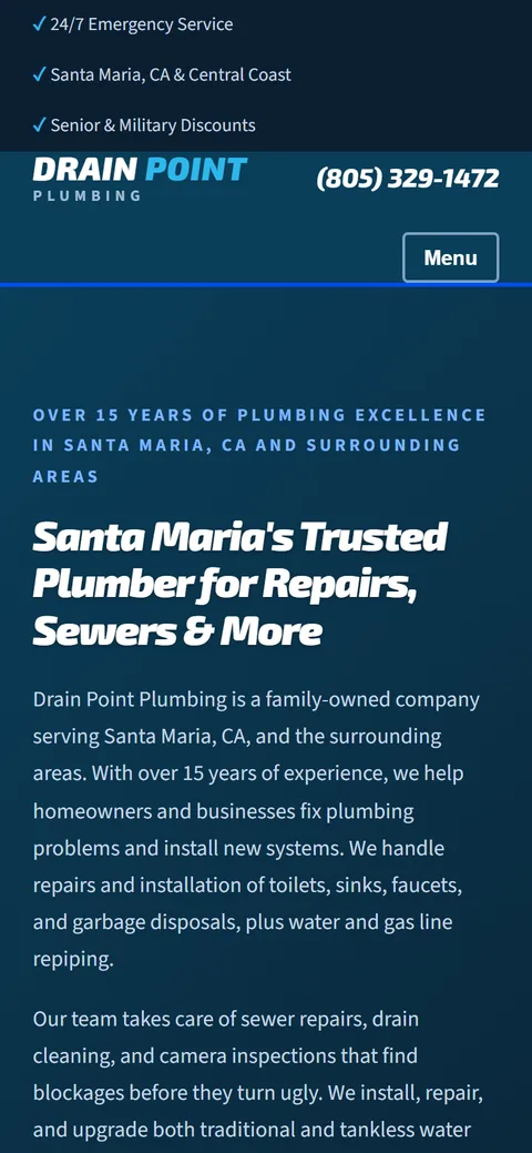 The same Drain Point Plumbing home page on a phone