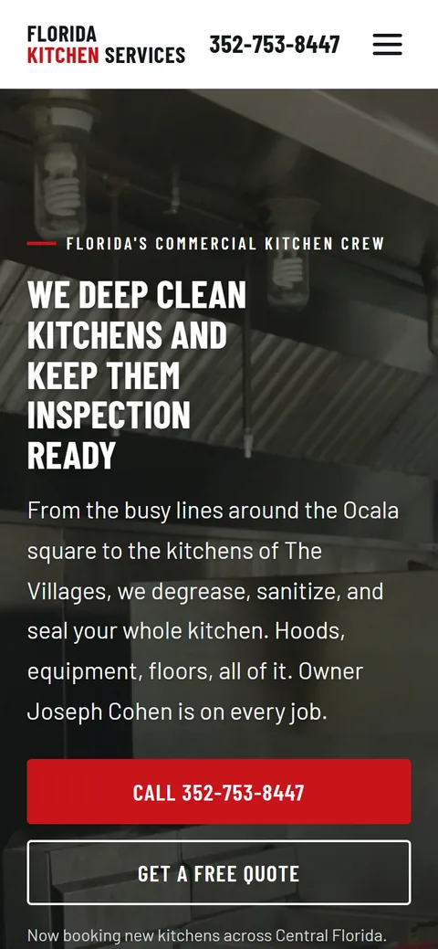 The same Florida Kitchen Services home page on a phone