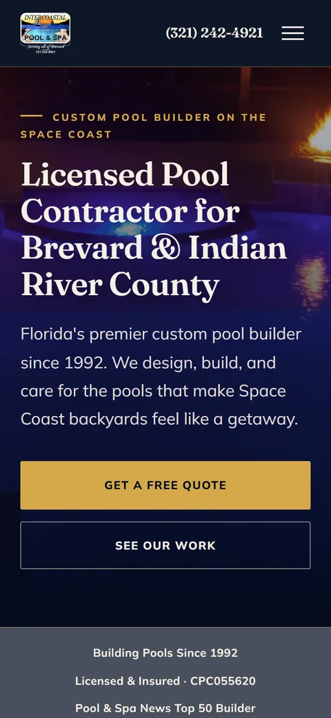 The same Intercoastal Pool & Spa home page on a phone