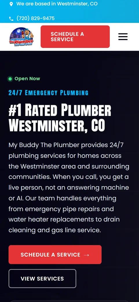 The same My Buddy The Plumber home page on a phone