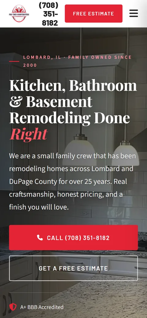 The same Pro-Tech Construction home page on a phone